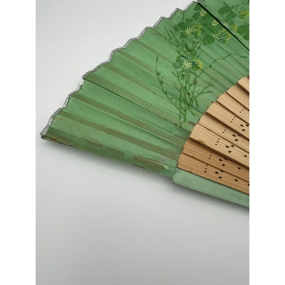 Vintage / Antique Paper & Wood Hand Floral Fan Green